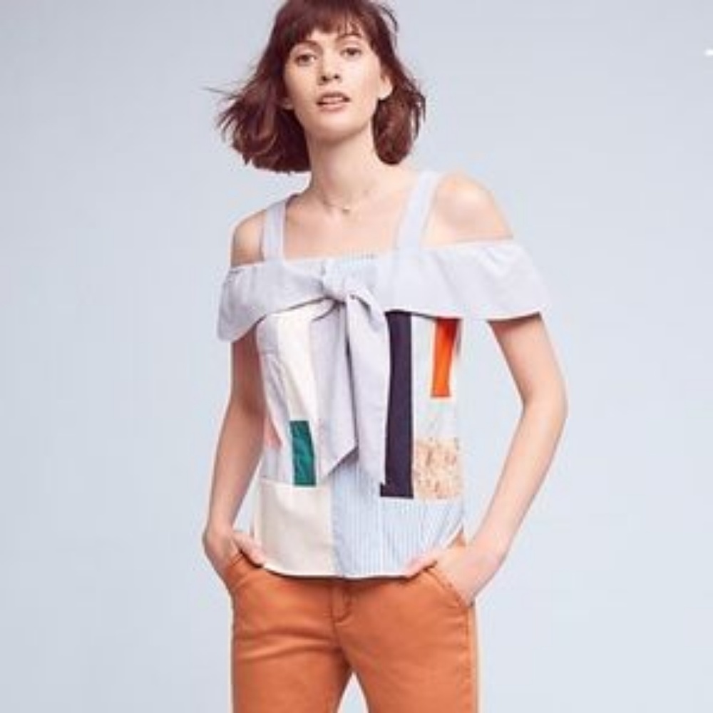 Anthropologie open shoulder medley patchwork top